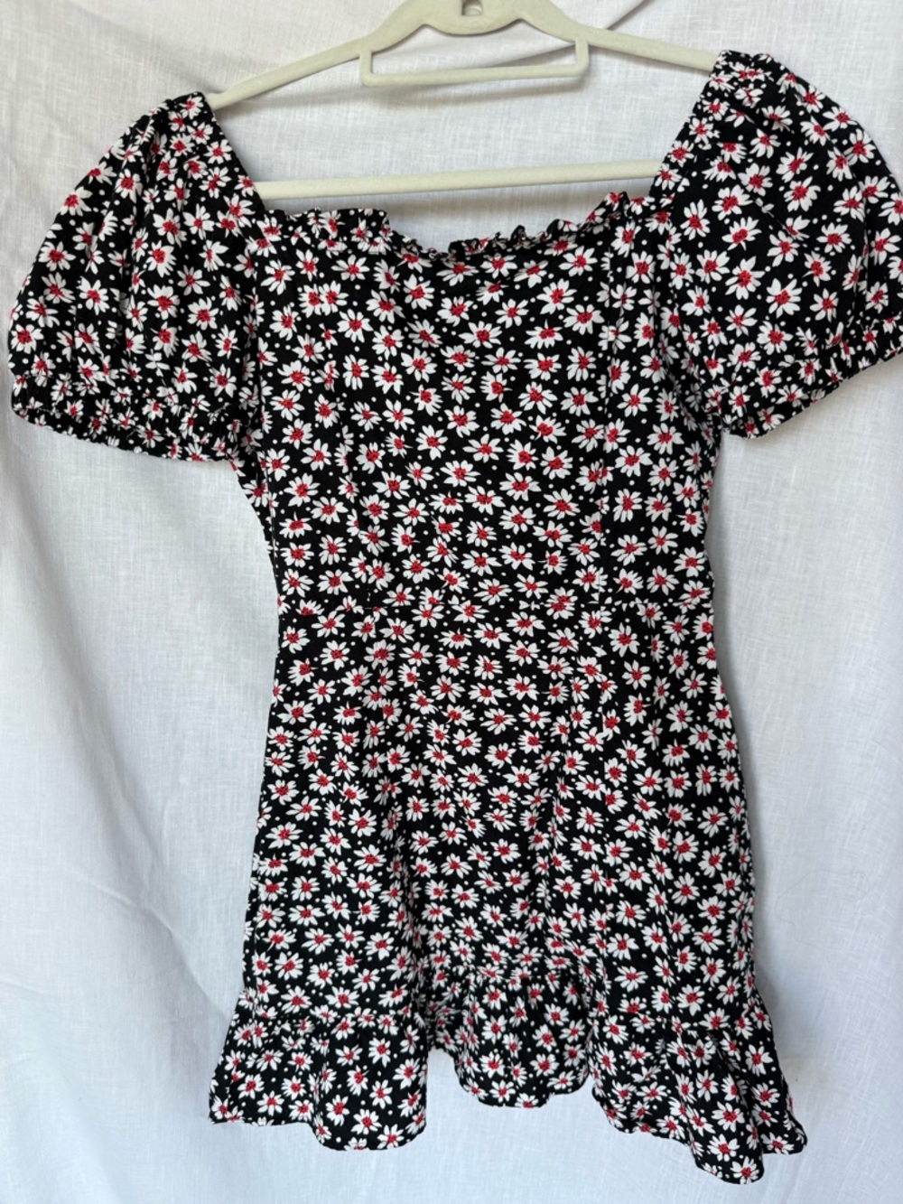 Zara Daisy Mini Dress Black White Red Phoebe Floral Print Puff Sleeve Size Small - Picture 5 of 12